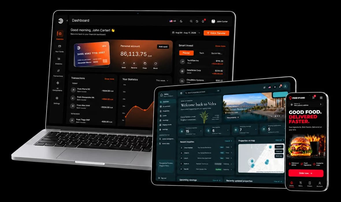 A laptop, a tablet and a phone showing three Aniq-UI templates: the Financial Dashboard, the Velra real estate dashboard and the Food Studio ordering site