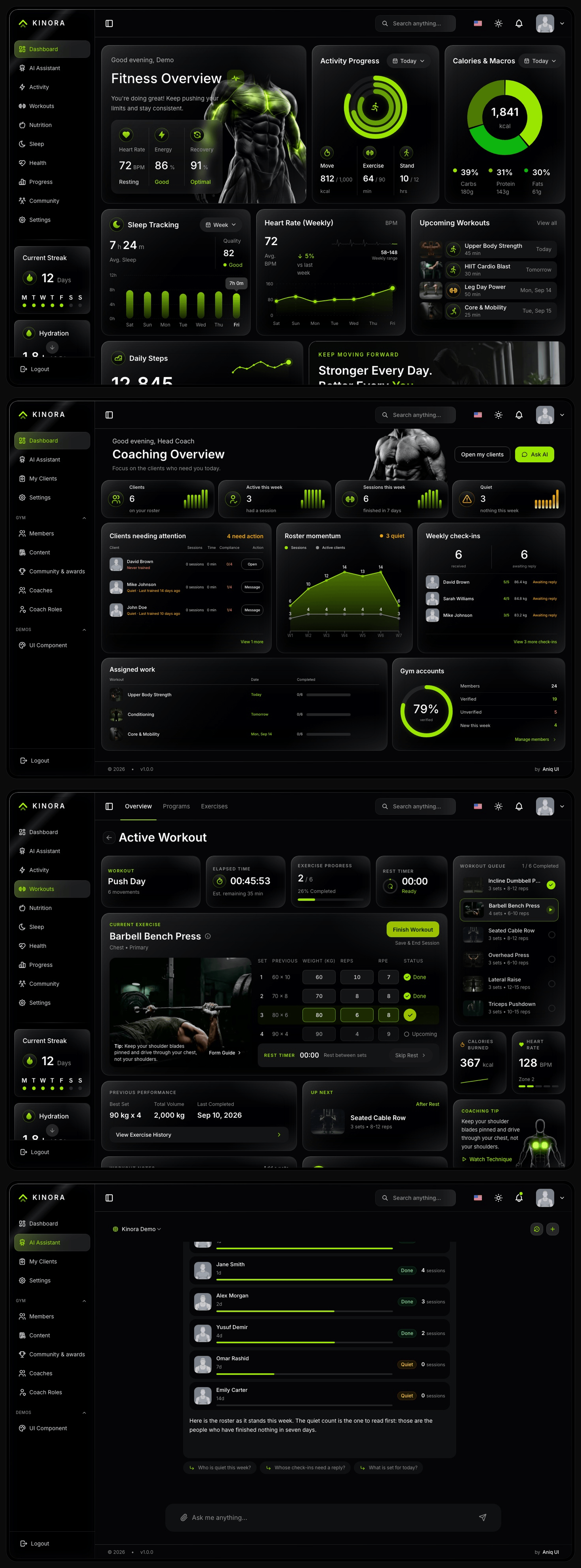 Next.js Fitness & Coaching Dashboard with AI Assistant - Next.js Dashboard template preview - Aniq-UI